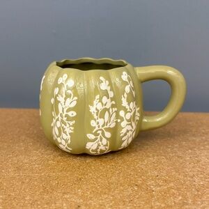 Anthropologie Floral Pumpkin Ceramic Mug Hand Painted Guacamole Green